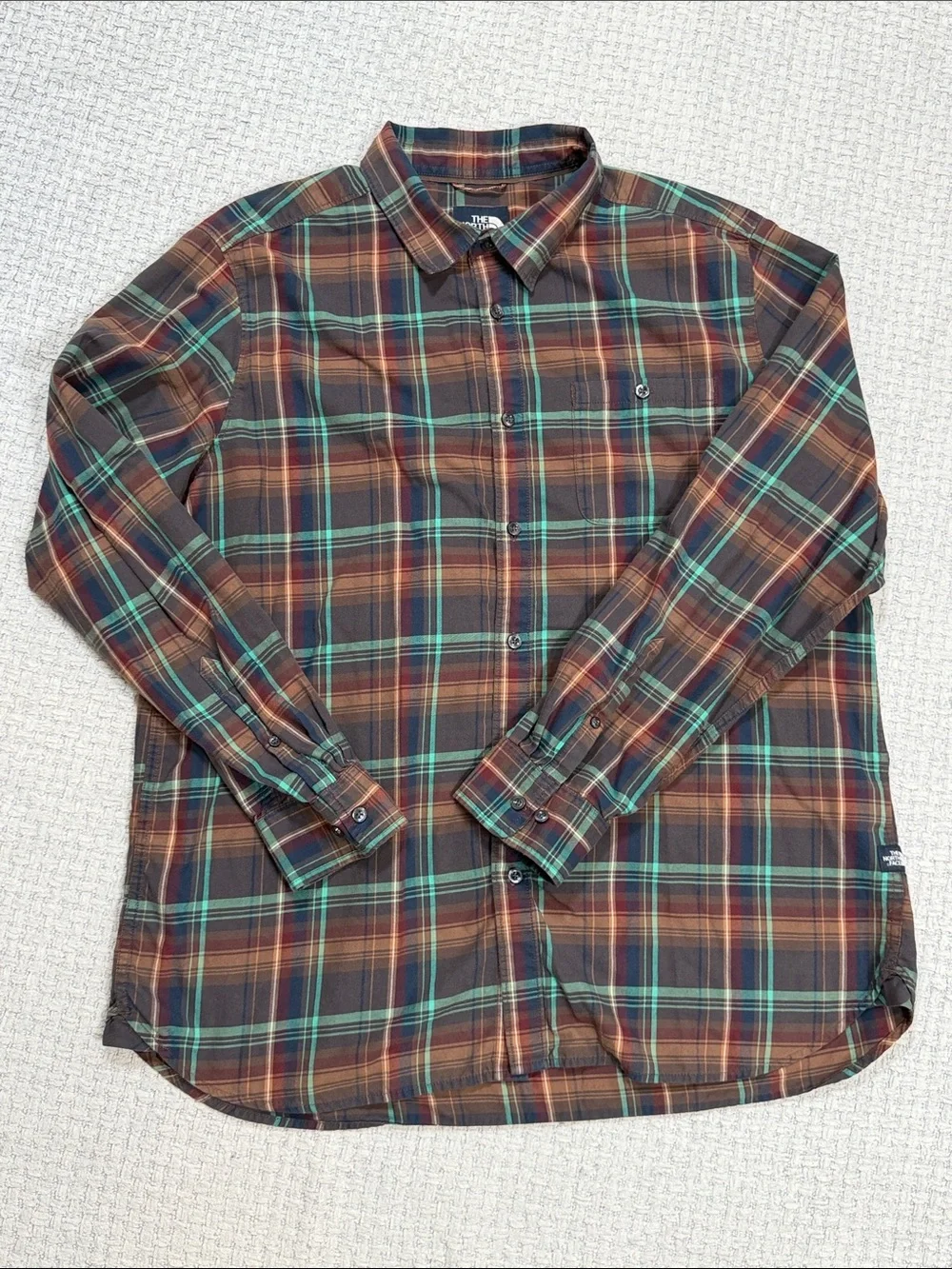 Mens The North Face Button Up Shirt Blue Brown Turquoise Plaid Size X-Large